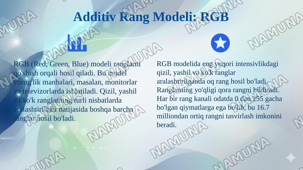 RANG MODELLARI: ADDITIV, SUBTRAKTIV, PERTSEPTSION (RGB, CMY, CMYK, HSV). BIR MODELDAN BOSHQA MODELLARGA O'TKAZISH ALGORITMLARI. — 4-slayd