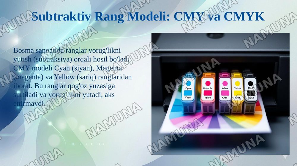 RANG MODELLARI: ADDITIV, SUBTRAKTIV, PERTSEPTSION (RGB, CMY, CMYK, HSV). BIR MODELDAN BOSHQA MODELLARGA O'TKAZISH ALGORITMLARI. — 5-slayd