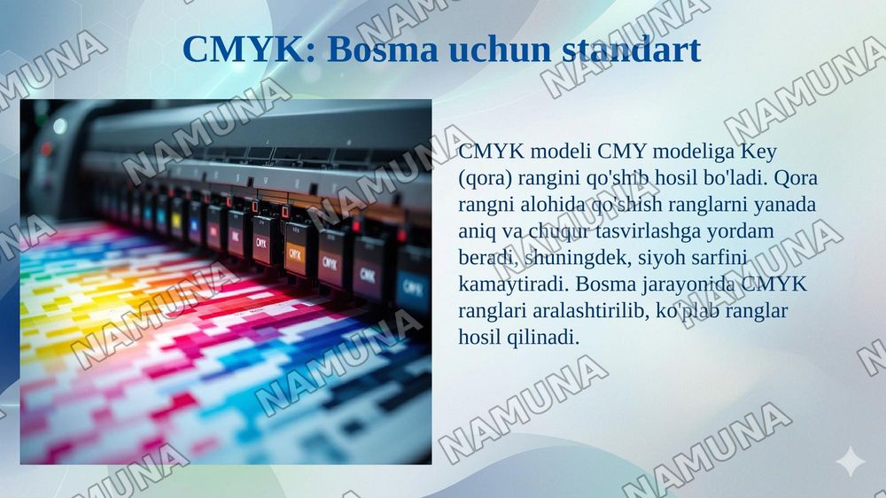 RANG MODELLARI: ADDITIV, SUBTRAKTIV, PERTSEPTSION (RGB, CMY, CMYK, HSV). BIR MODELDAN BOSHQA MODELLARGA O'TKAZISH ALGORITMLARI. — 6-slayd