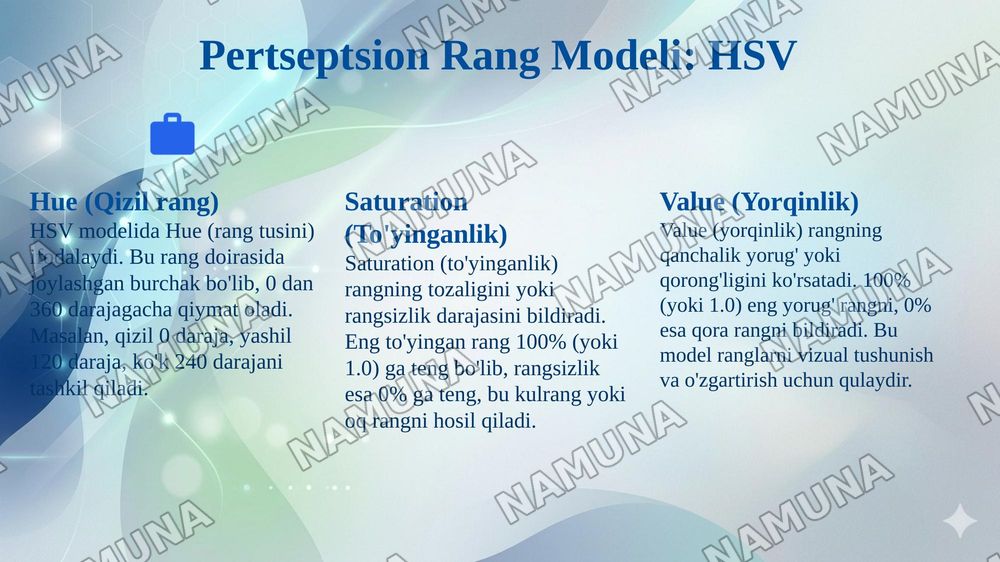RANG MODELLARI: ADDITIV, SUBTRAKTIV, PERTSEPTSION (RGB, CMY, CMYK, HSV). BIR MODELDAN BOSHQA MODELLARGA O'TKAZISH ALGORITMLARI. — 8-slayd