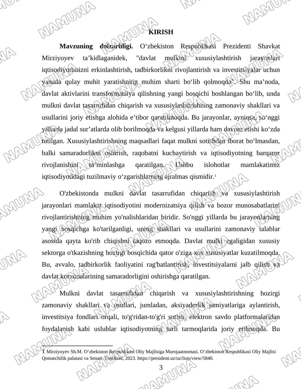 O’zbekistonda mulkni davlat tasarufidan chiqarish va Xususiylashtirishning hozirgi zamondagi xususiyatlari asosiy shakillari va usullari. — 3-varaq
