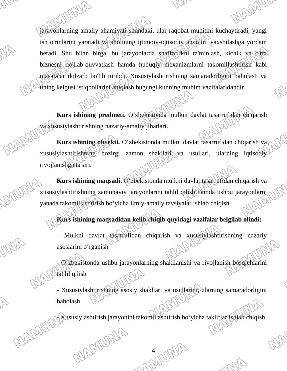 O’zbekistonda mulkni davlat tasarufidan chiqarish va Xususiylashtirishning hozirgi zamondagi xususiyatlari asosiy shakillari va usullari. — 4-varaq
