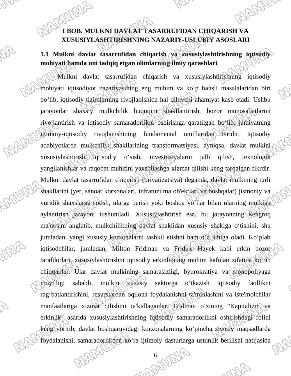 O’zbekistonda mulkni davlat tasarufidan chiqarish va Xususiylashtirishning hozirgi zamondagi xususiyatlari asosiy shakillari va usullari. — 6-varaq