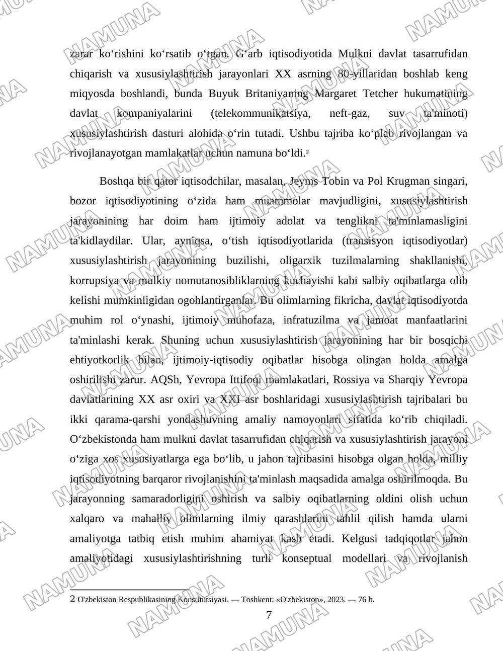 O’zbekistonda mulkni davlat tasarufidan chiqarish va Xususiylashtirishning hozirgi zamondagi xususiyatlari asosiy shakillari va usullari. — 7-varaq