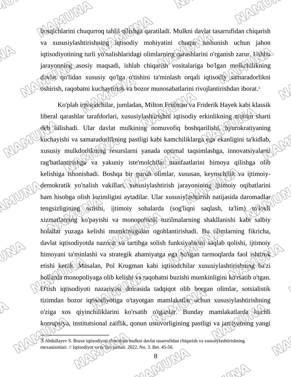O’zbekistonda mulkni davlat tasarufidan chiqarish va Xususiylashtirishning hozirgi zamondagi xususiyatlari asosiy shakillari va usullari. — 8-varaq