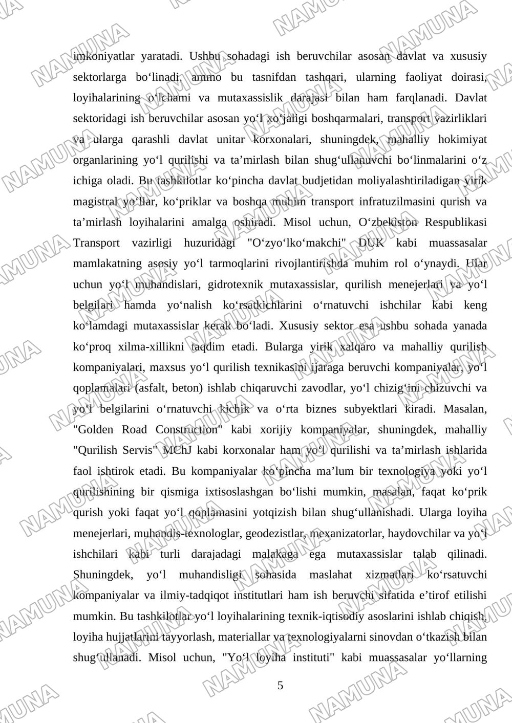 Yoʻl muhandisligi kasblari va ish beruvchilar xaritasi - individual infografika. — 5-varaq