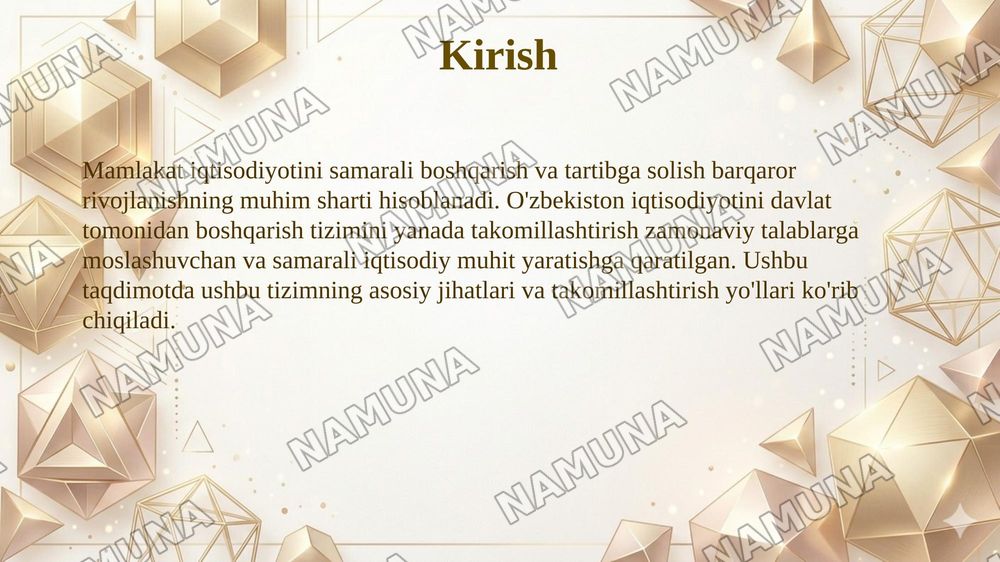 Ozbekiston iqtisodyotini davlat tomonidan boshqarish vavtartibga solish tizimini yanada takomillashtirish yollari — 3-slayd