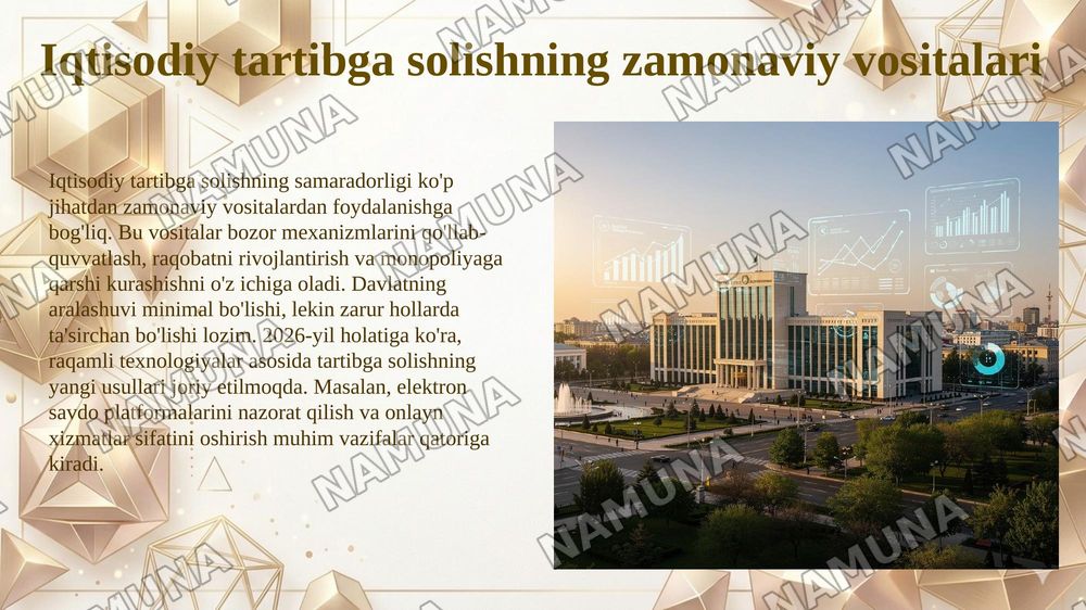 Ozbekiston iqtisodyotini davlat tomonidan boshqarish vavtartibga solish tizimini yanada takomillashtirish yollari — 5-slayd