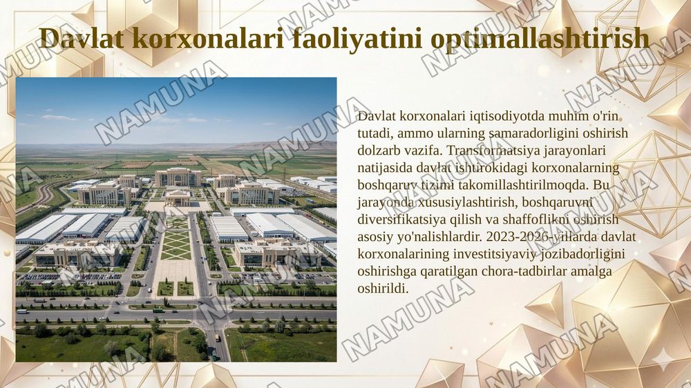 Ozbekiston iqtisodyotini davlat tomonidan boshqarish vavtartibga solish tizimini yanada takomillashtirish yollari — 6-slayd