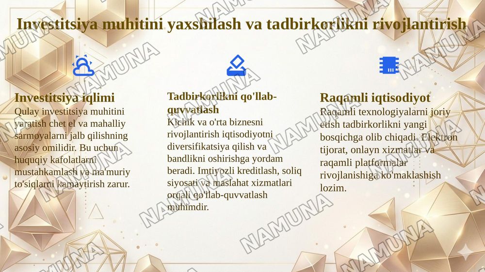 Ozbekiston iqtisodyotini davlat tomonidan boshqarish vavtartibga solish tizimini yanada takomillashtirish yollari — 7-slayd