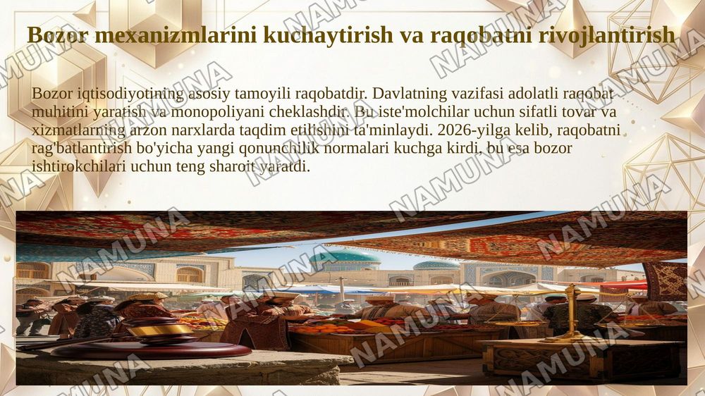 Ozbekiston iqtisodyotini davlat tomonidan boshqarish vavtartibga solish tizimini yanada takomillashtirish yollari — 8-slayd