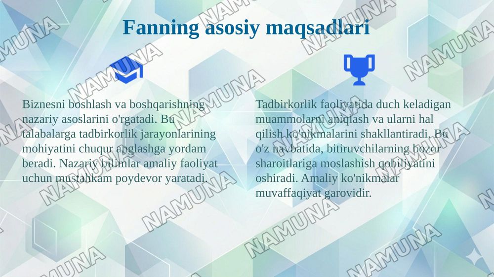 Mavzu: «Biznesga kirish» fanining mohiyati va ahamiyati — 4-slayd