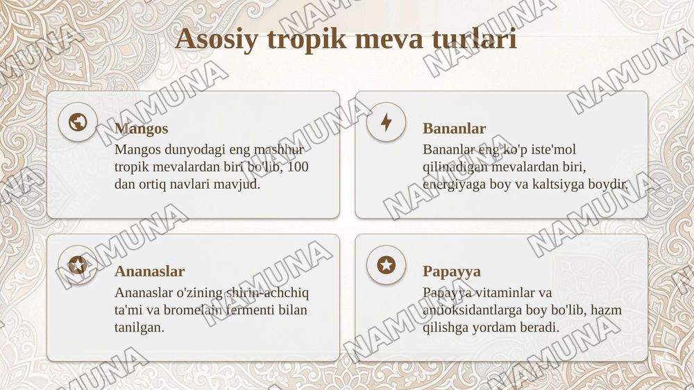 Har xil tropik meva oʻsimliklari va ularning turlari — 4-slayd