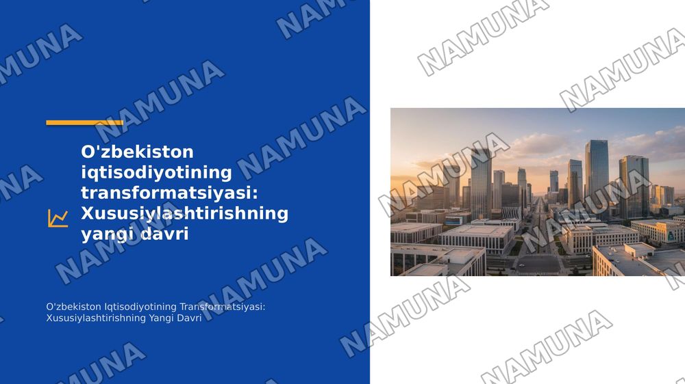 Oʻzbekistonda mulkni davlat tasarufidan chiqarish va xususiylashtirish hozirgi zamondagi xususiyatlari asosiy shakillari va usullai. — 1-slayd