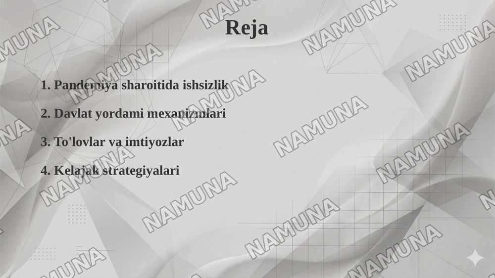 Pandemiya davrida O’zbekiston ishsizlarni ijtimoiy himoya qilish bo’yicha davlatning chora tadbirlari — 2-slayd