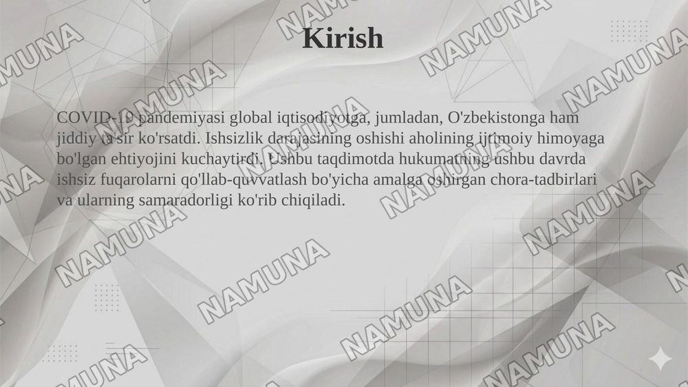 Pandemiya davrida O’zbekiston ishsizlarni ijtimoiy himoya qilish bo’yicha davlatning chora tadbirlari — 3-slayd