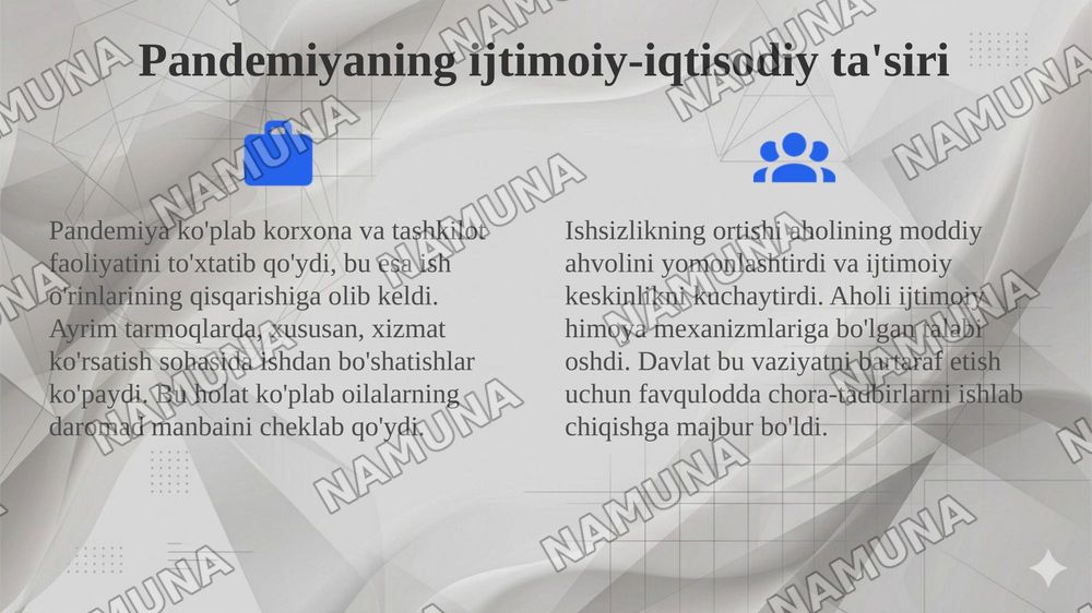 Pandemiya davrida O’zbekiston ishsizlarni ijtimoiy himoya qilish bo’yicha davlatning chora tadbirlari — 4-slayd