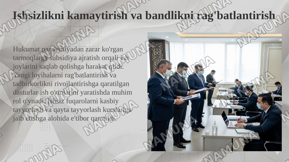 Pandemiya davrida O’zbekiston ishsizlarni ijtimoiy himoya qilish bo’yicha davlatning chora tadbirlari — 5-slayd
