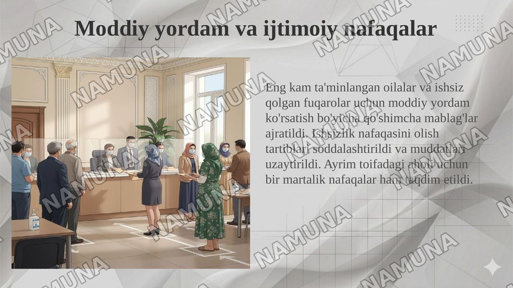 Pandemiya davrida O’zbekiston ishsizlarni ijtimoiy himoya qilish bo’yicha davlatning chora tadbirlari — 6-slayd