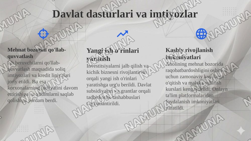 Pandemiya davrida O’zbekiston ishsizlarni ijtimoiy himoya qilish bo’yicha davlatning chora tadbirlari — 7-slayd