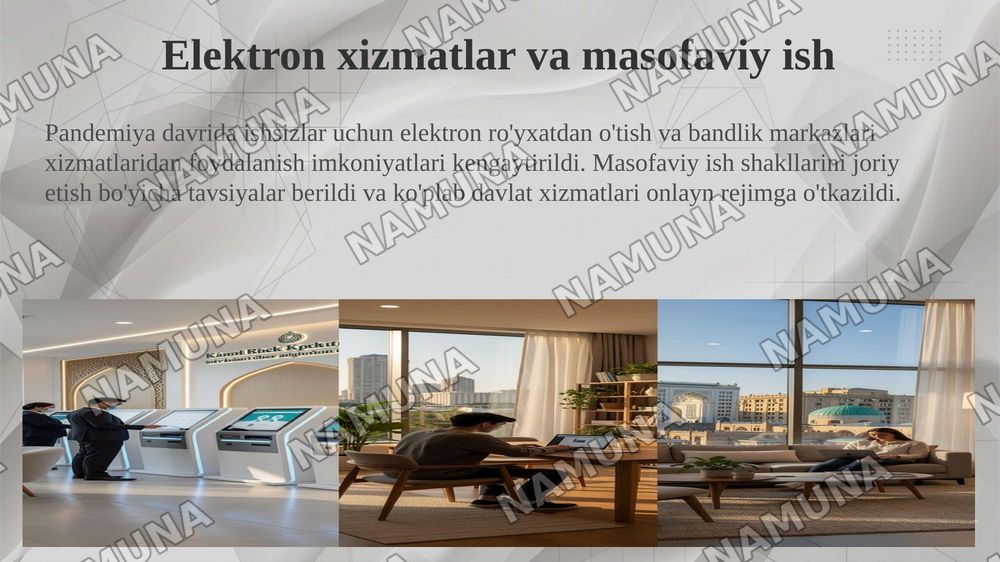 Pandemiya davrida O’zbekiston ishsizlarni ijtimoiy himoya qilish bo’yicha davlatning chora tadbirlari — 8-slayd