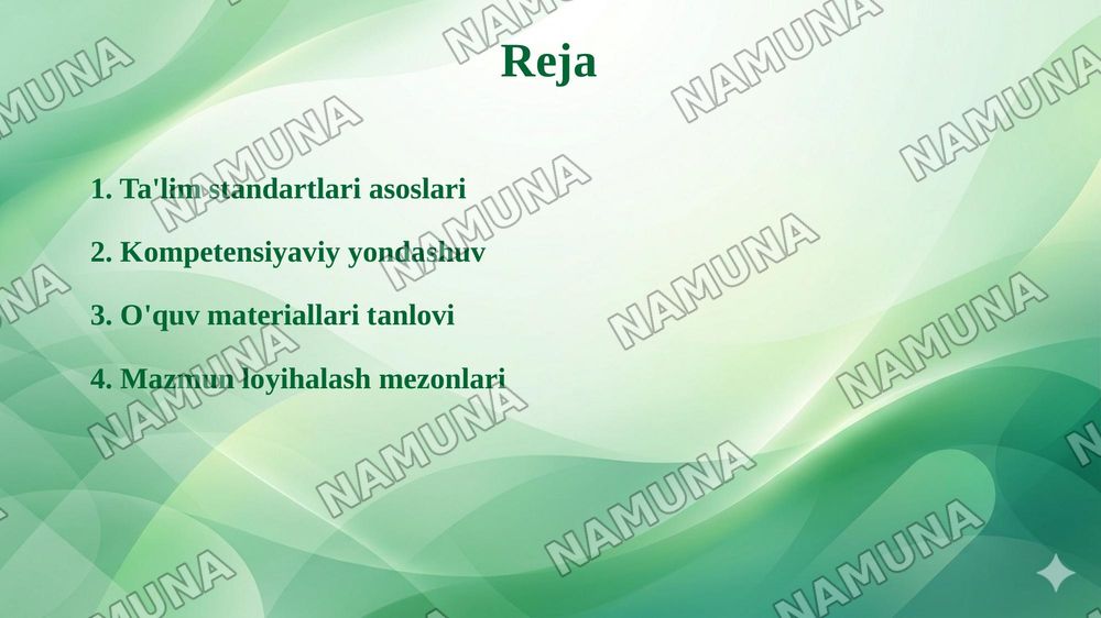 Informatika fanini o'qitish mazmunini loyihalash: o'quv dasturi ta'lim standartlari kompetentsiyalar va o'quv materiallarini tanlash mezonlari — 2-slayd