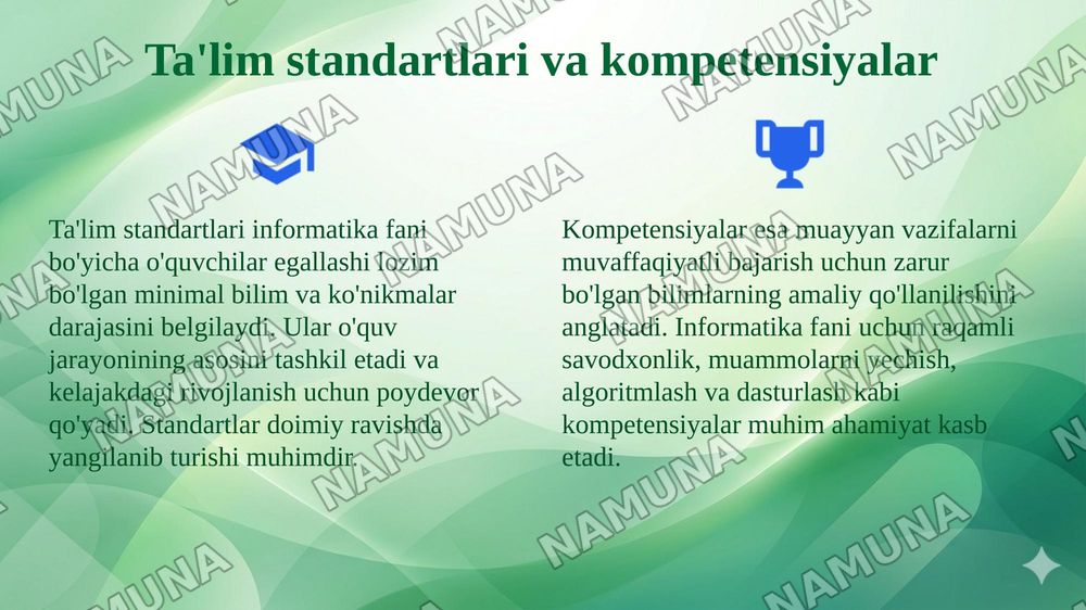 Informatika fanini o'qitish mazmunini loyihalash: o'quv dasturi ta'lim standartlari kompetentsiyalar va o'quv materiallarini tanlash mezonlari — 4-slayd