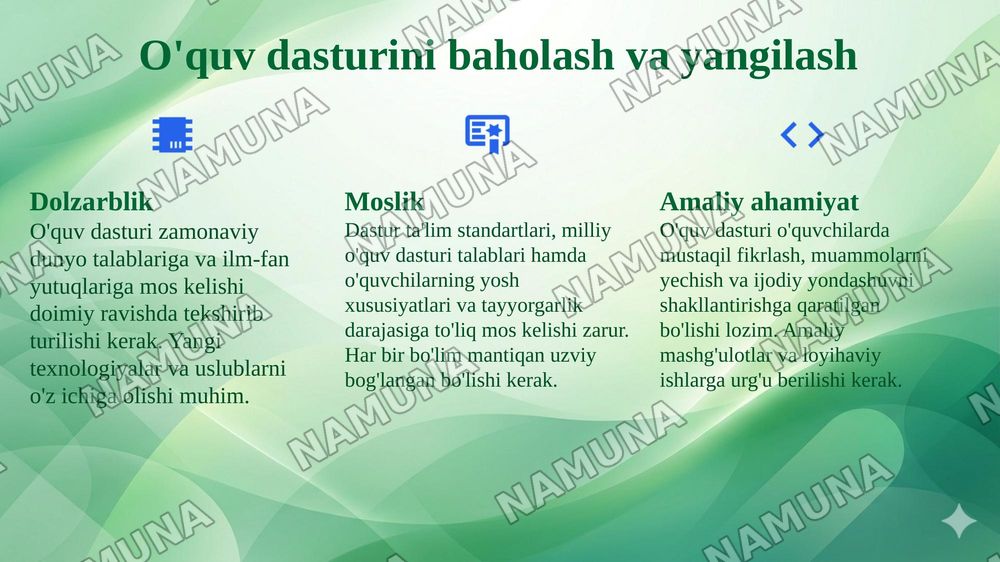 Informatika fanini o'qitish mazmunini loyihalash: o'quv dasturi ta'lim standartlari kompetentsiyalar va o'quv materiallarini tanlash mezonlari — 8-slayd