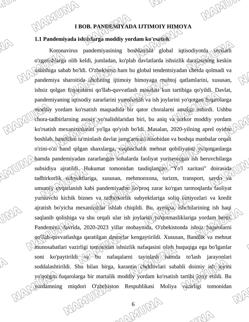 Pandemiya davrida O’zbekiston ishsizlarni ijtimoiy himoya qilish bo’yicha davlatning chora tadbirlari — 6-varaq