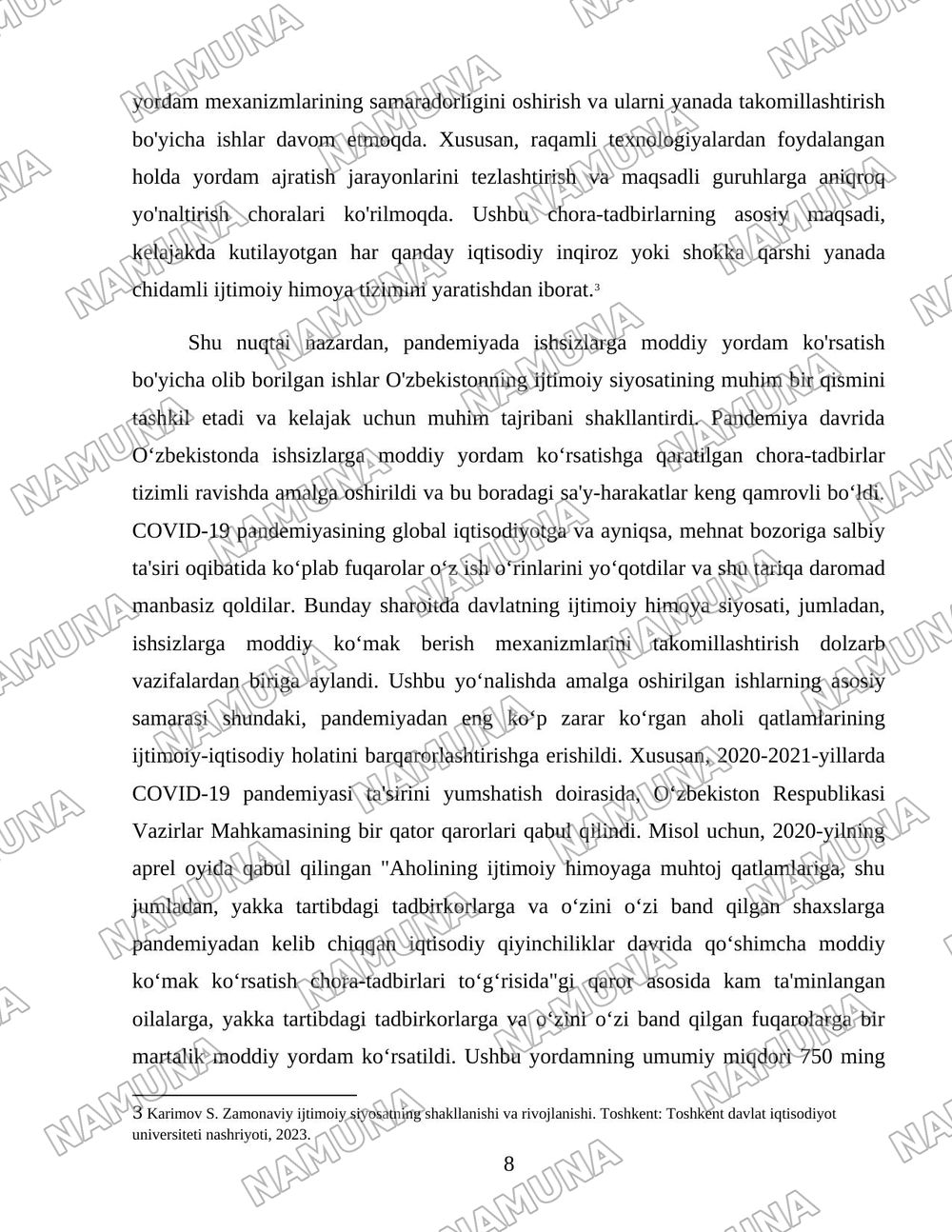 Pandemiya davrida O’zbekiston ishsizlarni ijtimoiy himoya qilish bo’yicha davlatning chora tadbirlari — 8-varaq