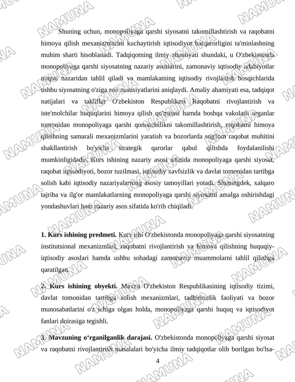 O'zbekistonda monopoliyaga qarshi siyosat va raqobatni rivojlantirish hamda himoya qilishni yanada kuchaytirish yo'llari — 4-varaq