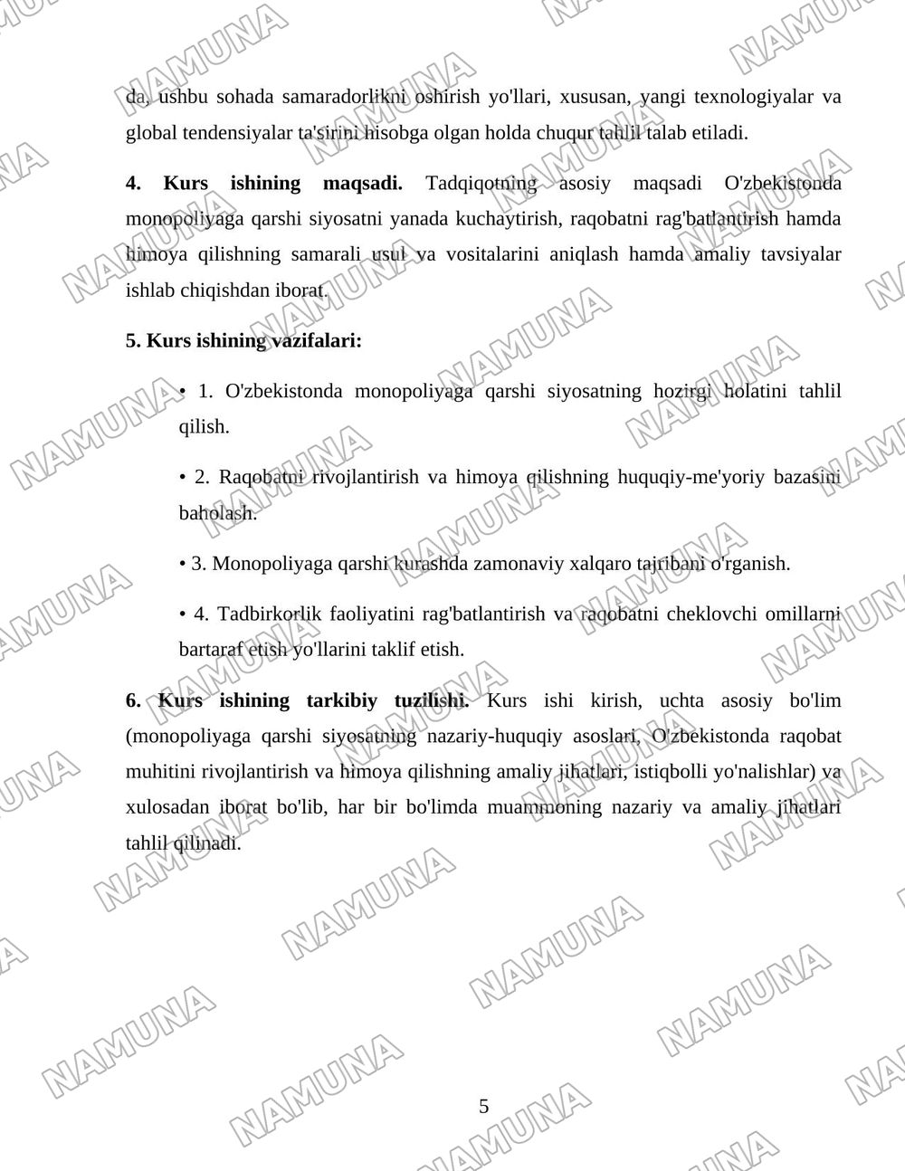 O'zbekistonda monopoliyaga qarshi siyosat va raqobatni rivojlantirish hamda himoya qilishni yanada kuchaytirish yo'llari — 5-varaq