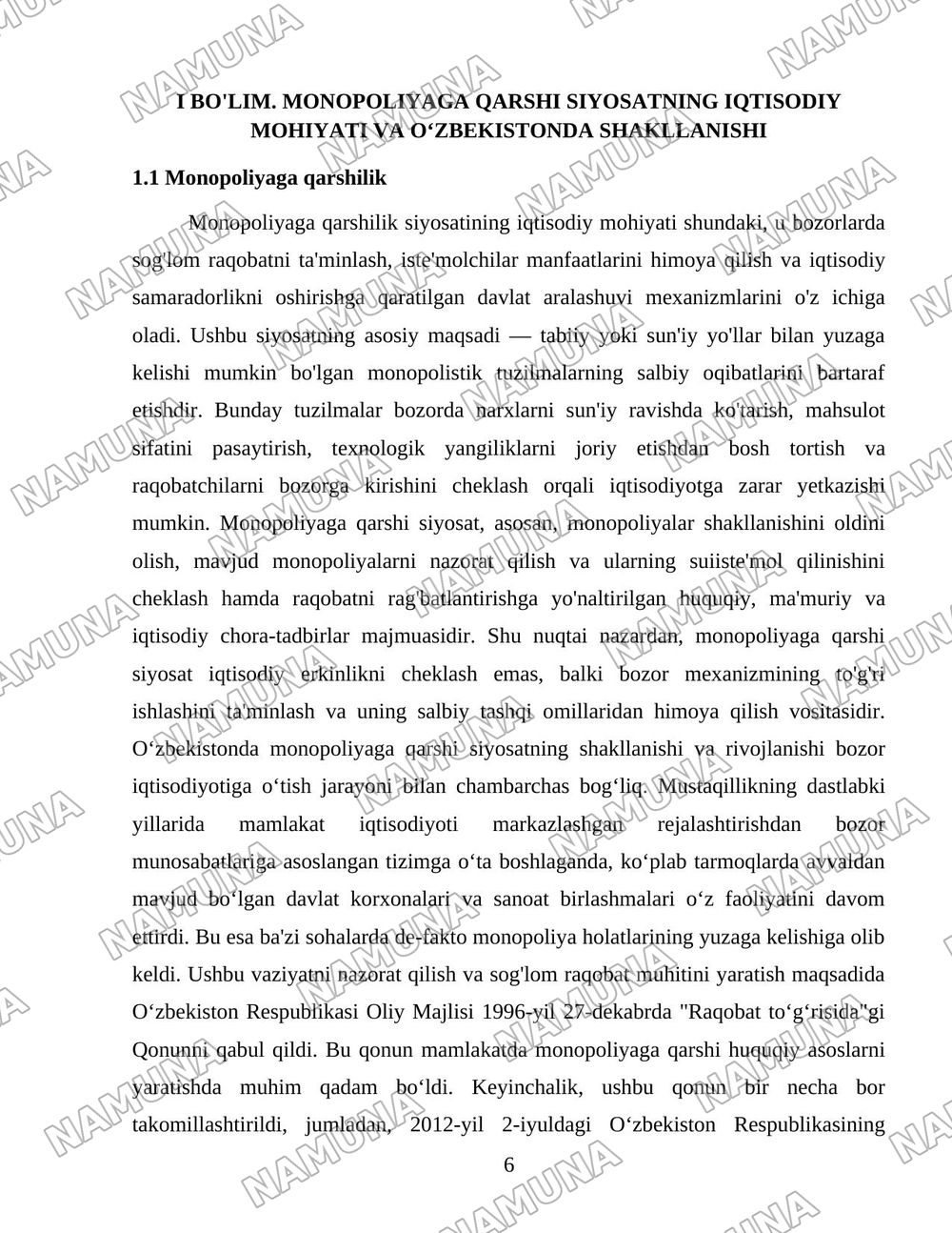 O'zbekistonda monopoliyaga qarshi siyosat va raqobatni rivojlantirish hamda himoya qilishni yanada kuchaytirish yo'llari — 6-varaq