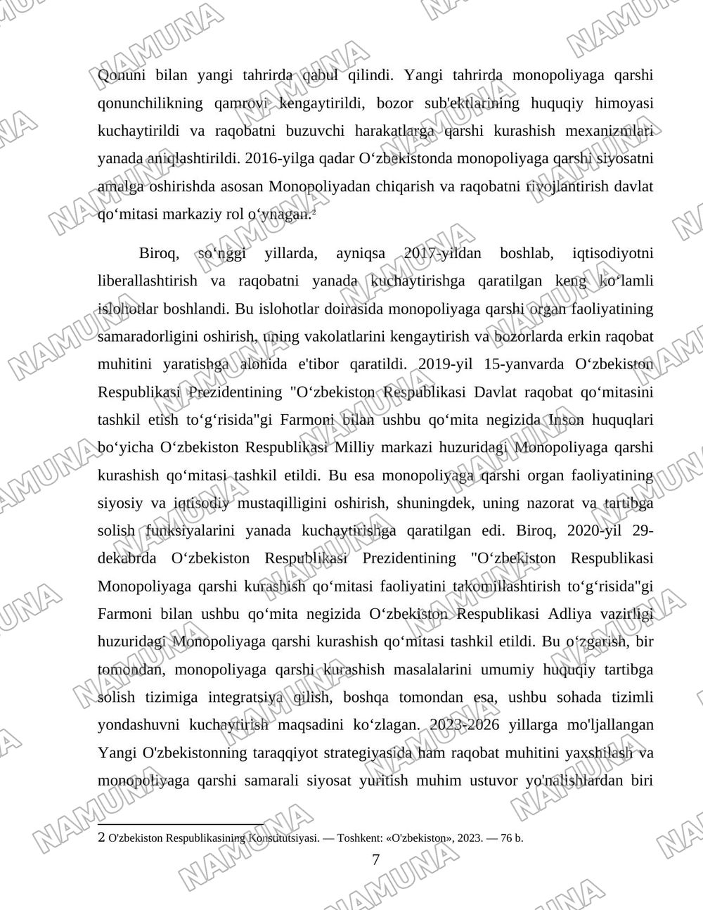 O'zbekistonda monopoliyaga qarshi siyosat va raqobatni rivojlantirish hamda himoya qilishni yanada kuchaytirish yo'llari — 7-varaq