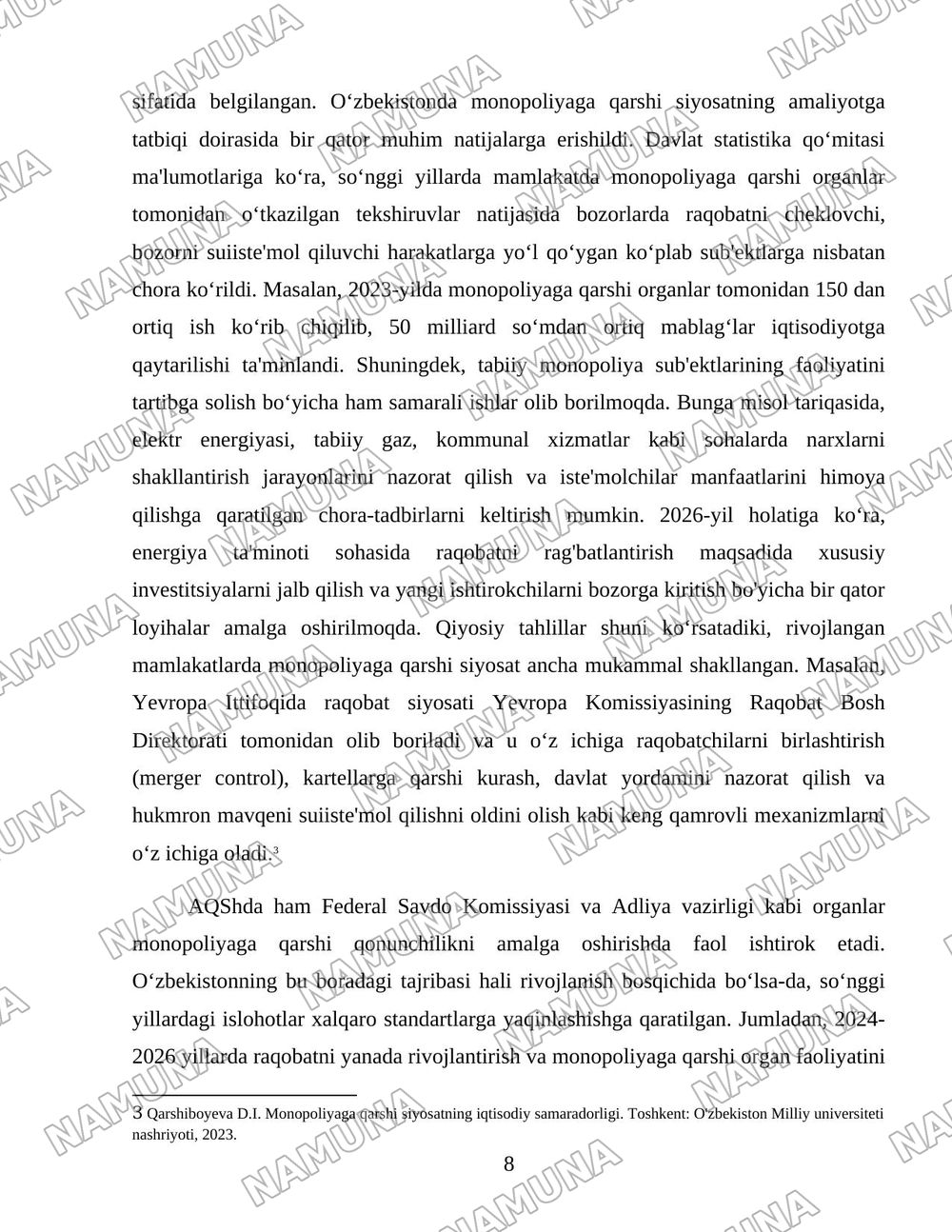 O'zbekistonda monopoliyaga qarshi siyosat va raqobatni rivojlantirish hamda himoya qilishni yanada kuchaytirish yo'llari — 8-varaq