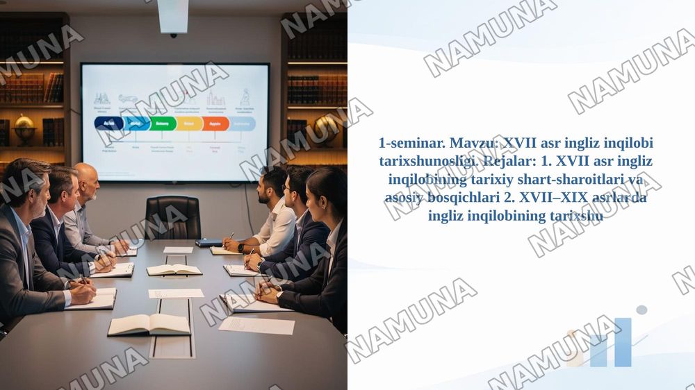 1-seminar. Mavzu: XVII asr ingliz inqilobi tarixshunosligi. Rejalar: 1. XVII asr ingliz inqilobining tarixiy shart-sharoitlari va asosiy bosqichlari 2. XVII–XIX asrlarda ingliz inqilobining tarixshu — 1-slayd