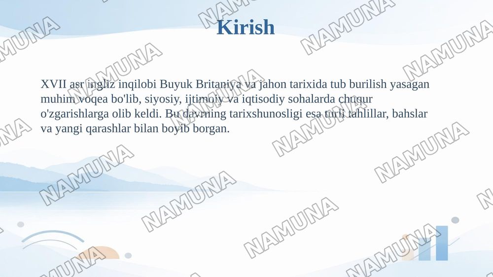 1-seminar. Mavzu: XVII asr ingliz inqilobi tarixshunosligi. Rejalar: 1. XVII asr ingliz inqilobining tarixiy shart-sharoitlari va asosiy bosqichlari 2. XVII–XIX asrlarda ingliz inqilobining tarixshu — 3-slayd