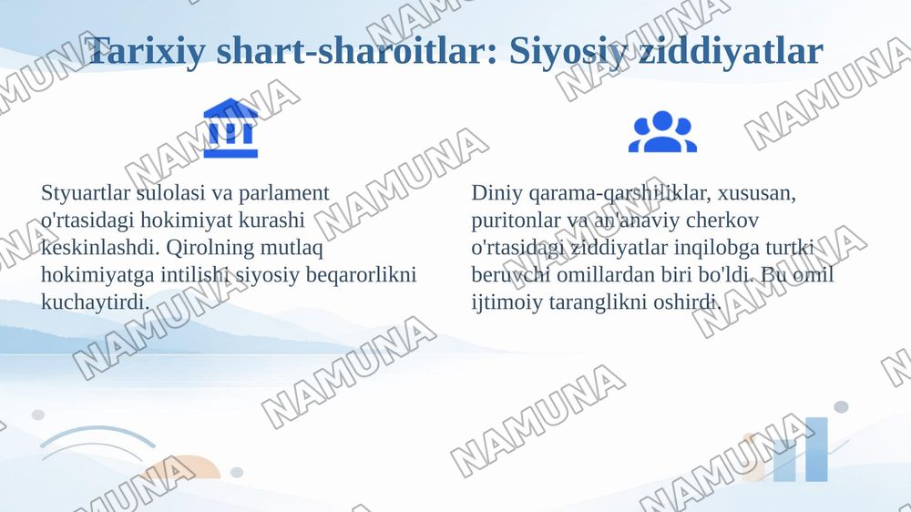 1-seminar. Mavzu: XVII asr ingliz inqilobi tarixshunosligi. Rejalar: 1. XVII asr ingliz inqilobining tarixiy shart-sharoitlari va asosiy bosqichlari 2. XVII–XIX asrlarda ingliz inqilobining tarixshu — 4-slayd