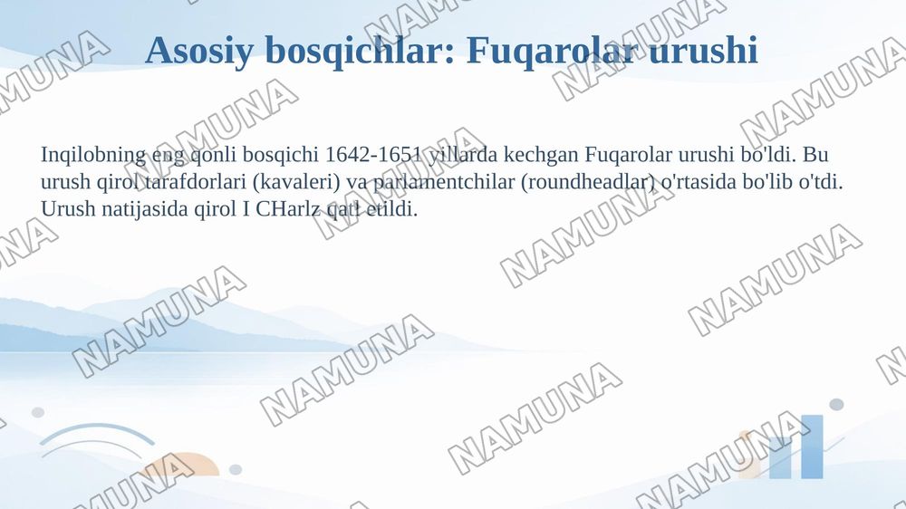 1-seminar. Mavzu: XVII asr ingliz inqilobi tarixshunosligi. Rejalar: 1. XVII asr ingliz inqilobining tarixiy shart-sharoitlari va asosiy bosqichlari 2. XVII–XIX asrlarda ingliz inqilobining tarixshu — 6-slayd