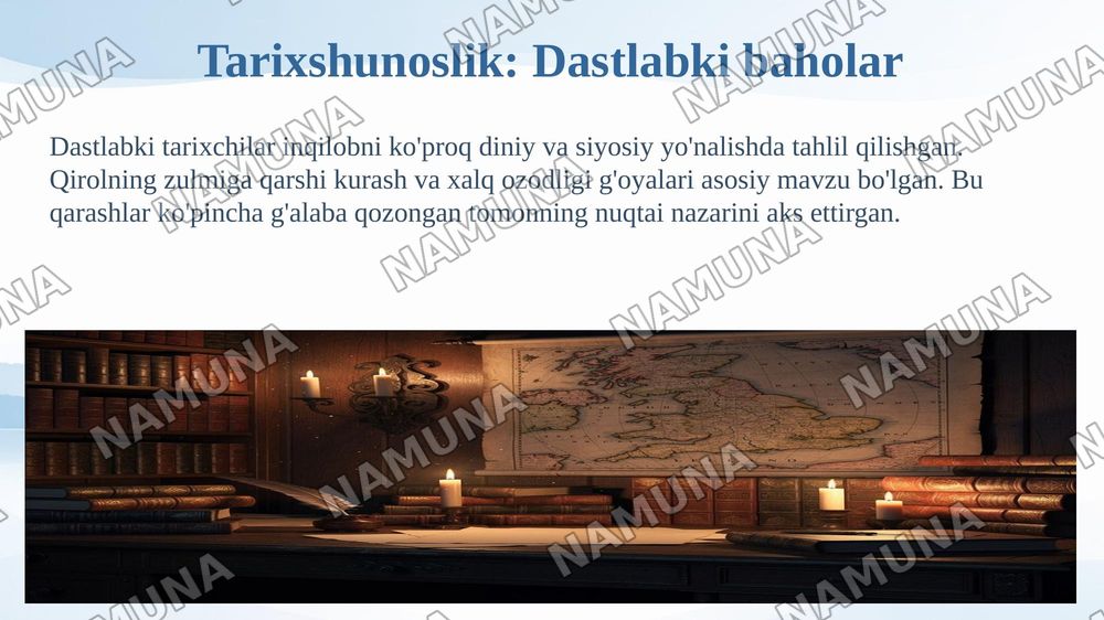 1-seminar. Mavzu: XVII asr ingliz inqilobi tarixshunosligi. Rejalar: 1. XVII asr ingliz inqilobining tarixiy shart-sharoitlari va asosiy bosqichlari 2. XVII–XIX asrlarda ingliz inqilobining tarixshu — 8-slayd