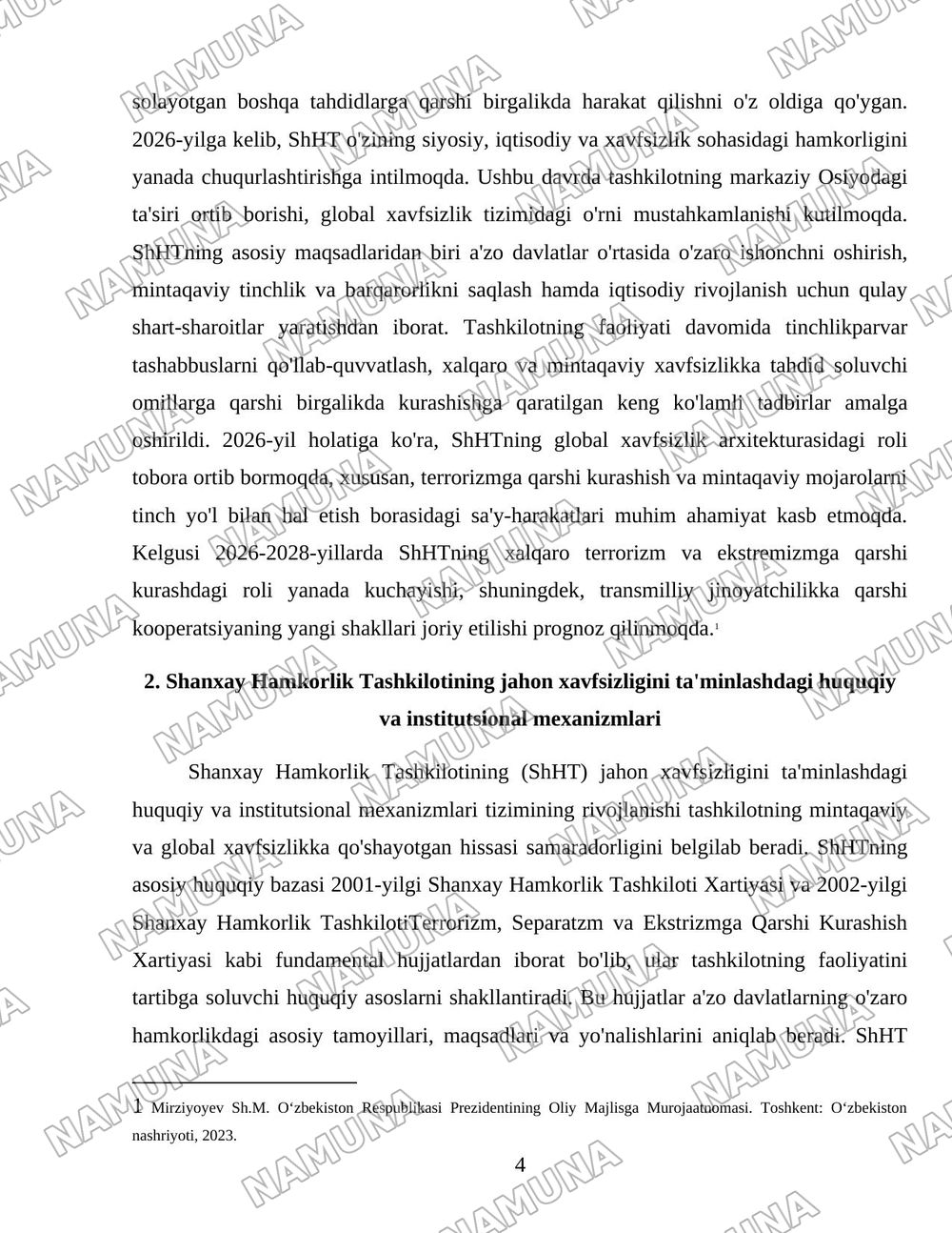 Shanxay Hamkorlik Tashkilotining jahon xavfsizlik tizimidagi oʻrni va Oʻzbekistonning undagi roli — 4-varaq