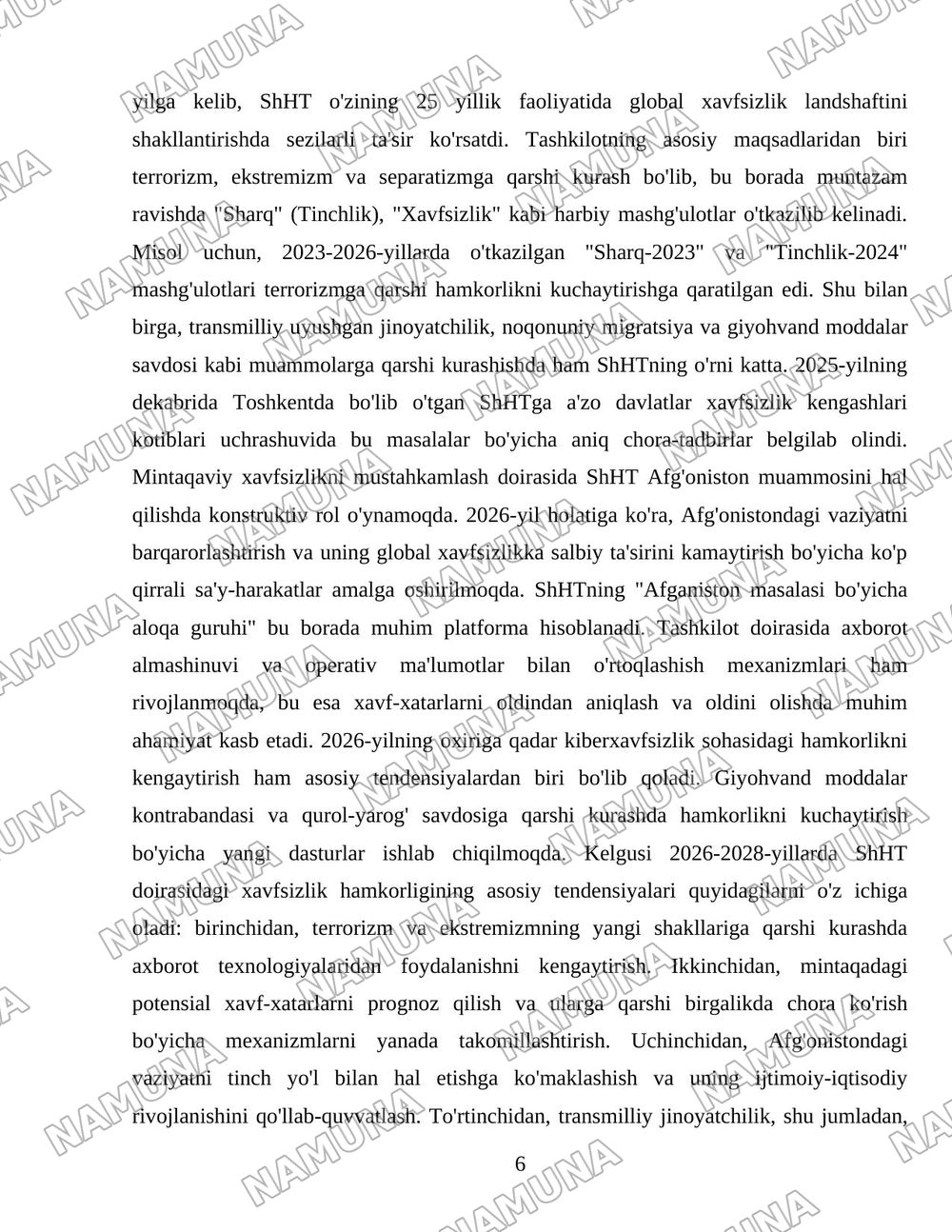 Shanxay Hamkorlik Tashkilotining jahon xavfsizlik tizimidagi oʻrni va Oʻzbekistonning undagi roli — 6-varaq