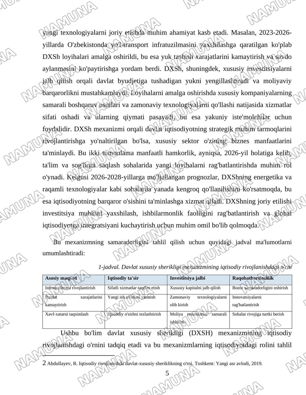 Davlat xususiy sheriklik mexanizmining iqtisodiyotdagi roli — 5-varaq