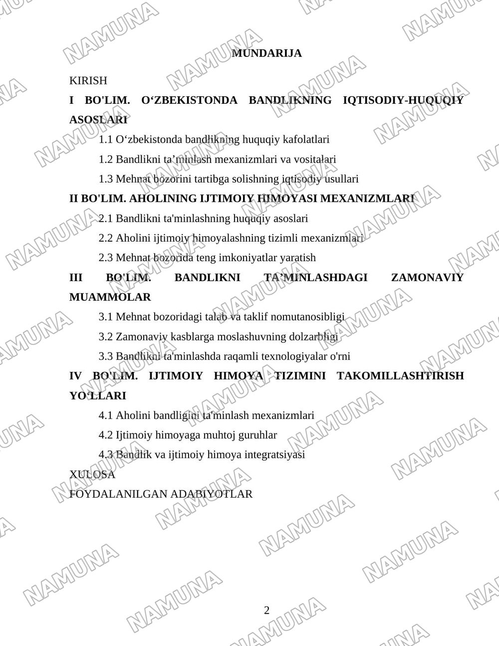 Oʻzbekiston respublikasida aholining ish bilan bandligini taminlash va ijtimoiy himoyalash muammolari — 2-varaq
