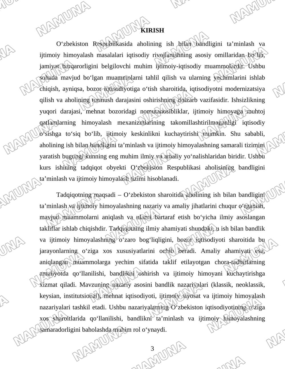 Oʻzbekiston respublikasida aholining ish bilan bandligini taminlash va ijtimoiy himoyalash muammolari — 3-varaq