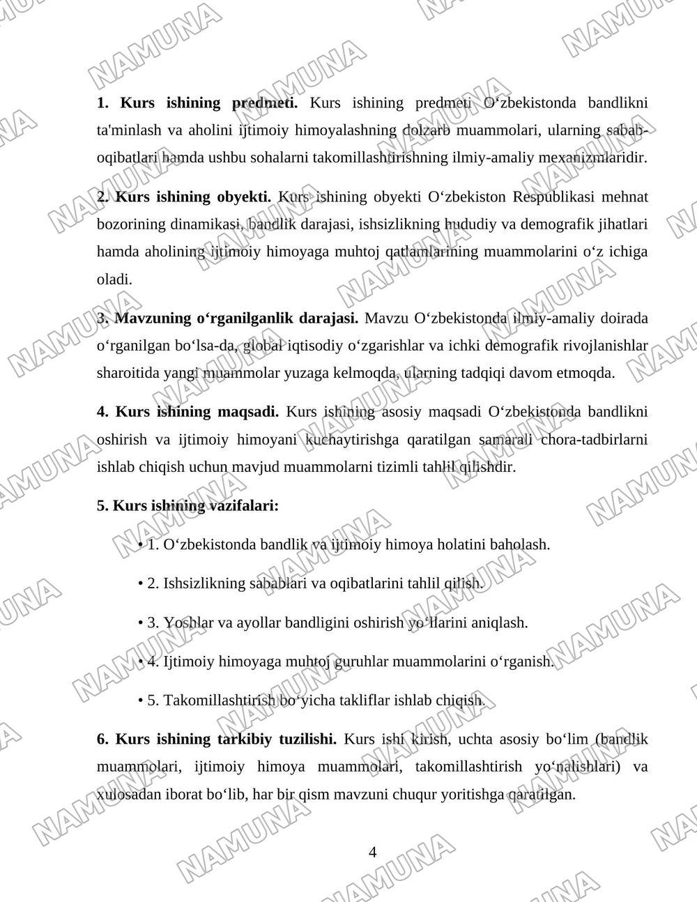 Oʻzbekiston respublikasida aholining ish bilan bandligini taminlash va ijtimoiy himoyalash muammolari — 4-varaq