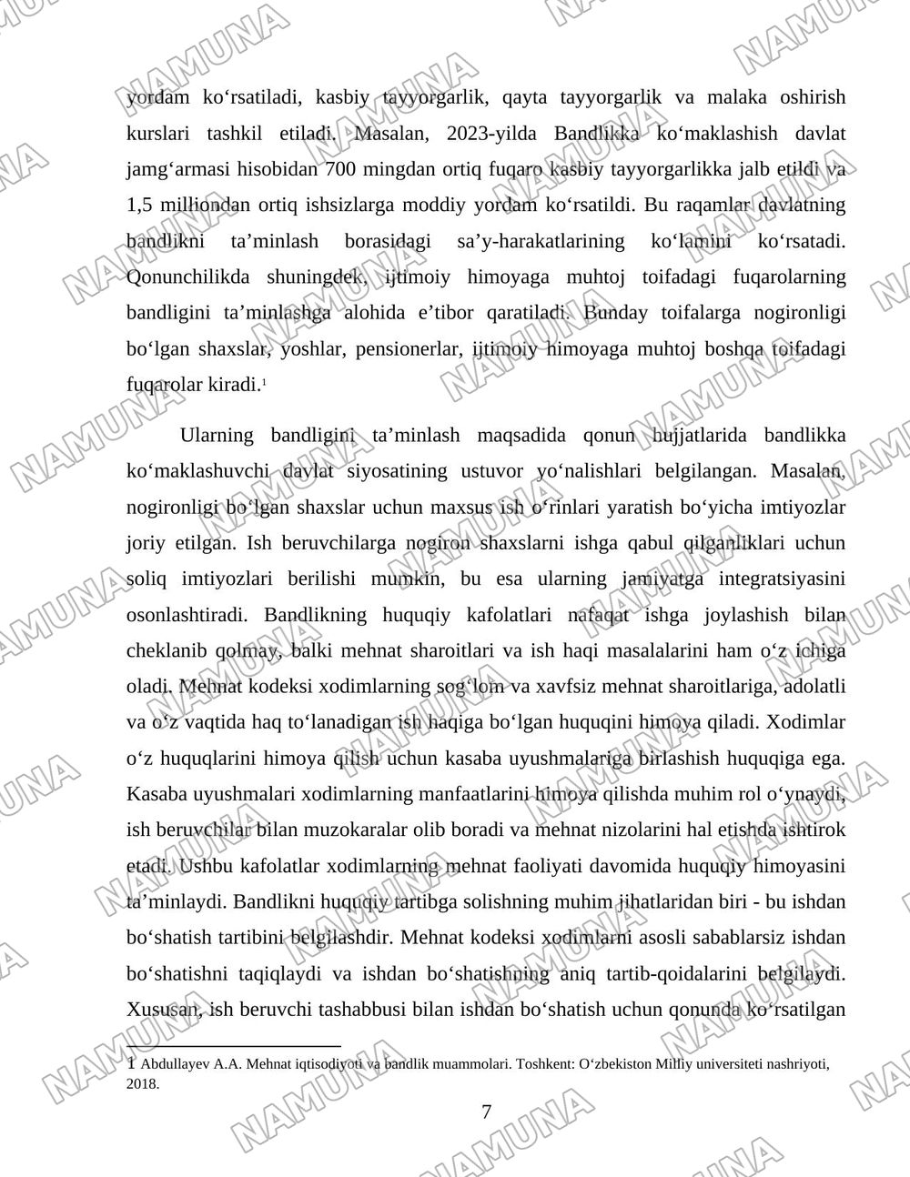 Oʻzbekiston respublikasida aholining ish bilan bandligini taminlash va ijtimoiy himoyalash muammolari — 7-varaq