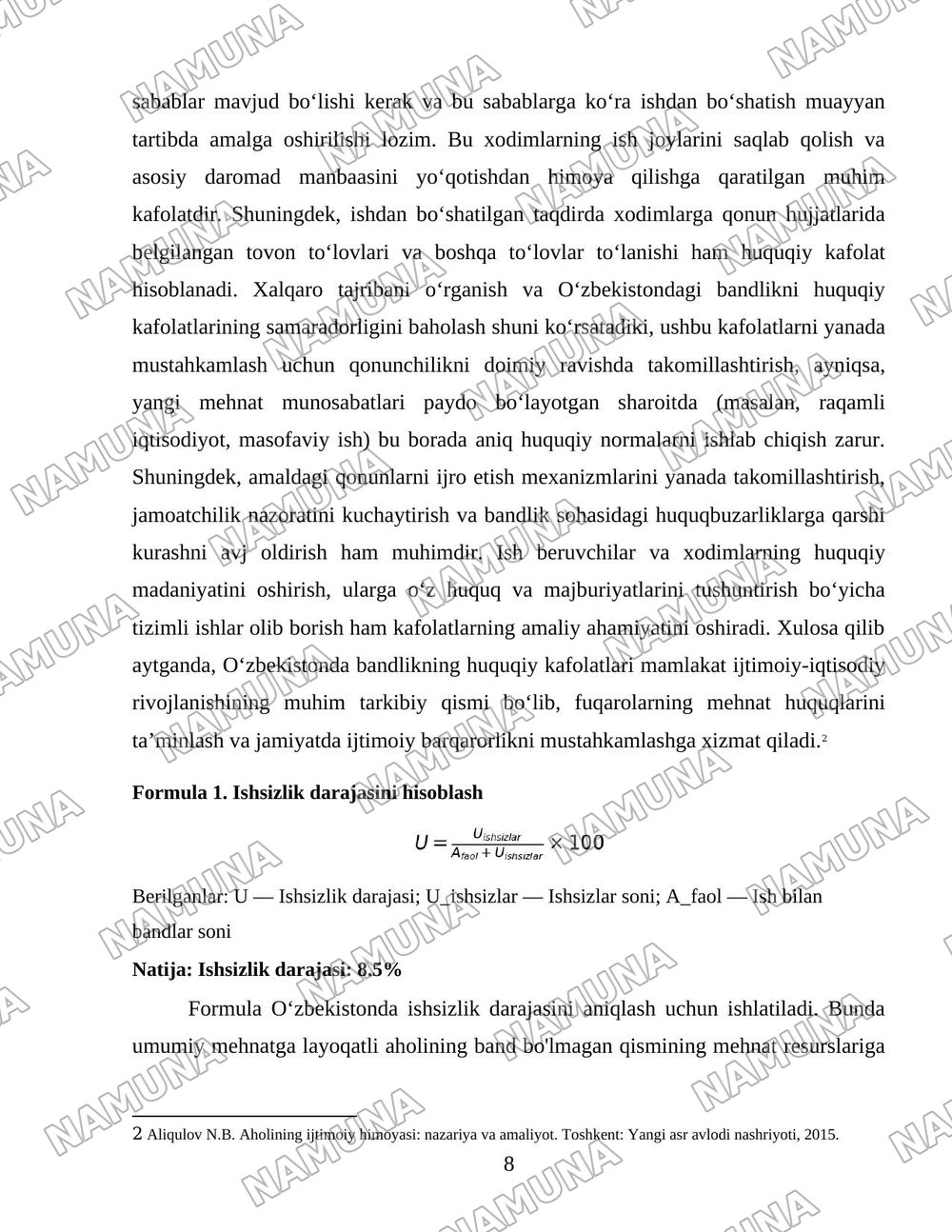 Oʻzbekiston respublikasida aholining ish bilan bandligini taminlash va ijtimoiy himoyalash muammolari — 8-varaq