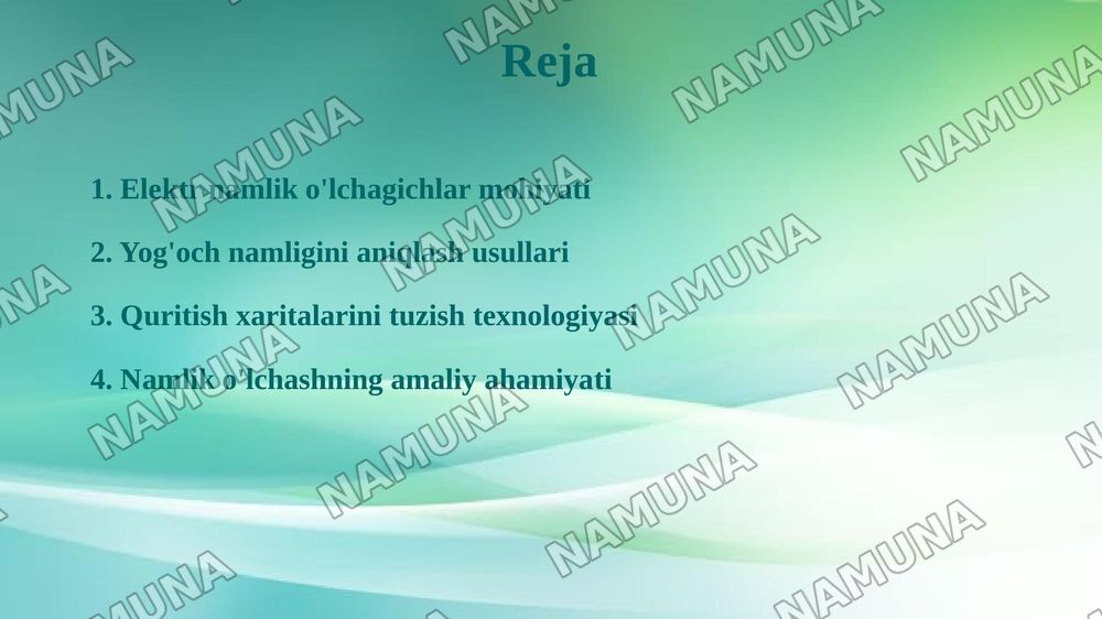 Elektr namlik olchagich yordimida yogoch tarkibidagi namlikni olchash va quritish xaritalarini tuzish — 2-slayd