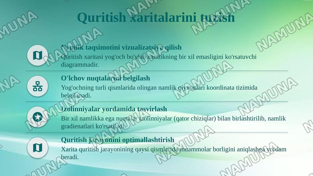 Elektr namlik olchagich yordimida yogoch tarkibidagi namlikni olchash va quritish xaritalarini tuzish — 7-slayd
